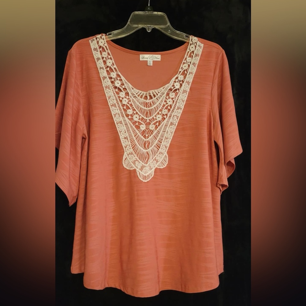 Stem & Vine Orange Flutter Sleeve Blouse with Embellished Neckline